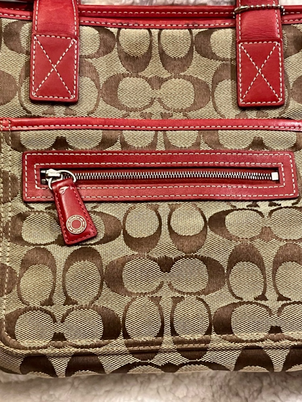 Coach Brown Signature Canvas Tote with Red Leather Trim